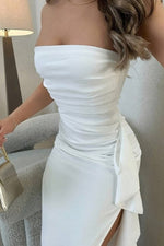 Load image into Gallery viewer, Women's White Satin Maxi Dress Strapless Ruched High Slit Formal Wedding Guest Style
