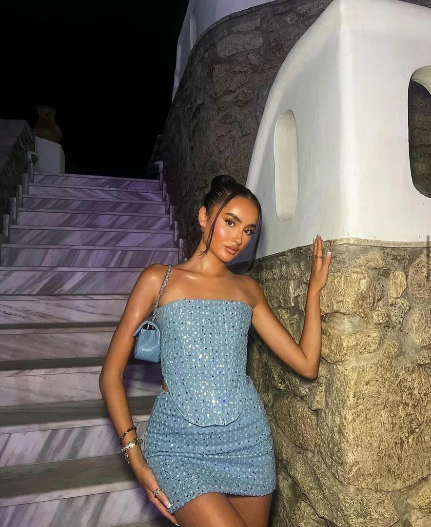 Women's Blue Sequin Mini Dress Strapless Bodycon Sparkle Formal Party Style