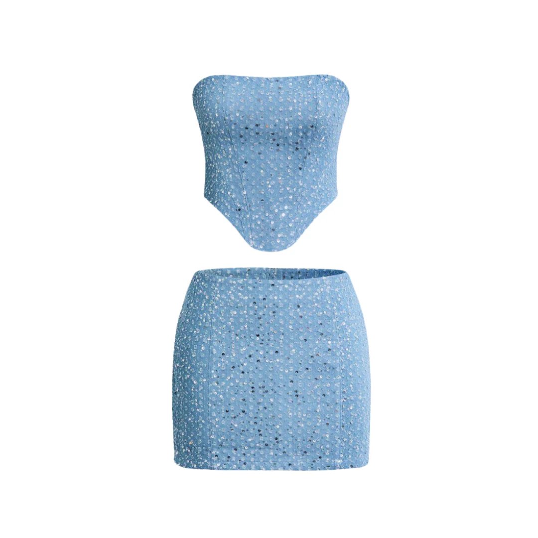 Women's Blue Sequin Mini Dress Strapless Bodycon Sparkle Formal Party Style