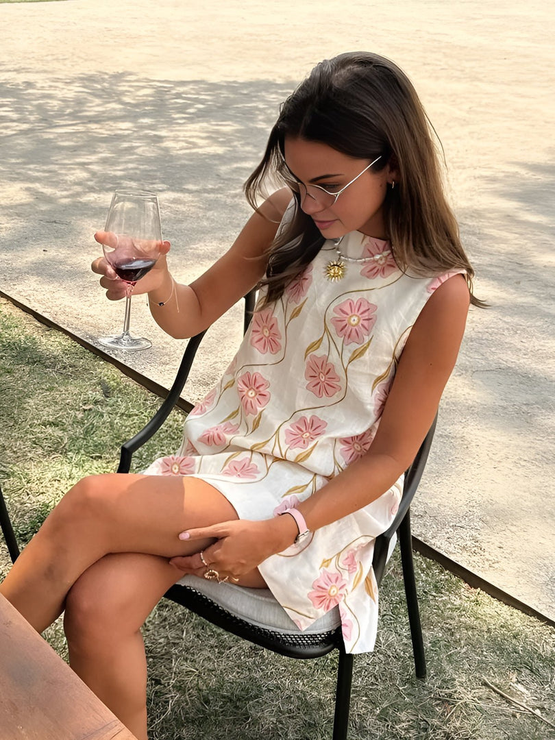 Women's White Floral Linen Dress Sleeveless A-Line Sundress Style