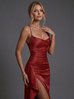 Load image into Gallery viewer, Women's Red Satin Maxi Dress Spaghetti Strap Ruched Bodycon Side Slit Formal Wedding Guest Style
