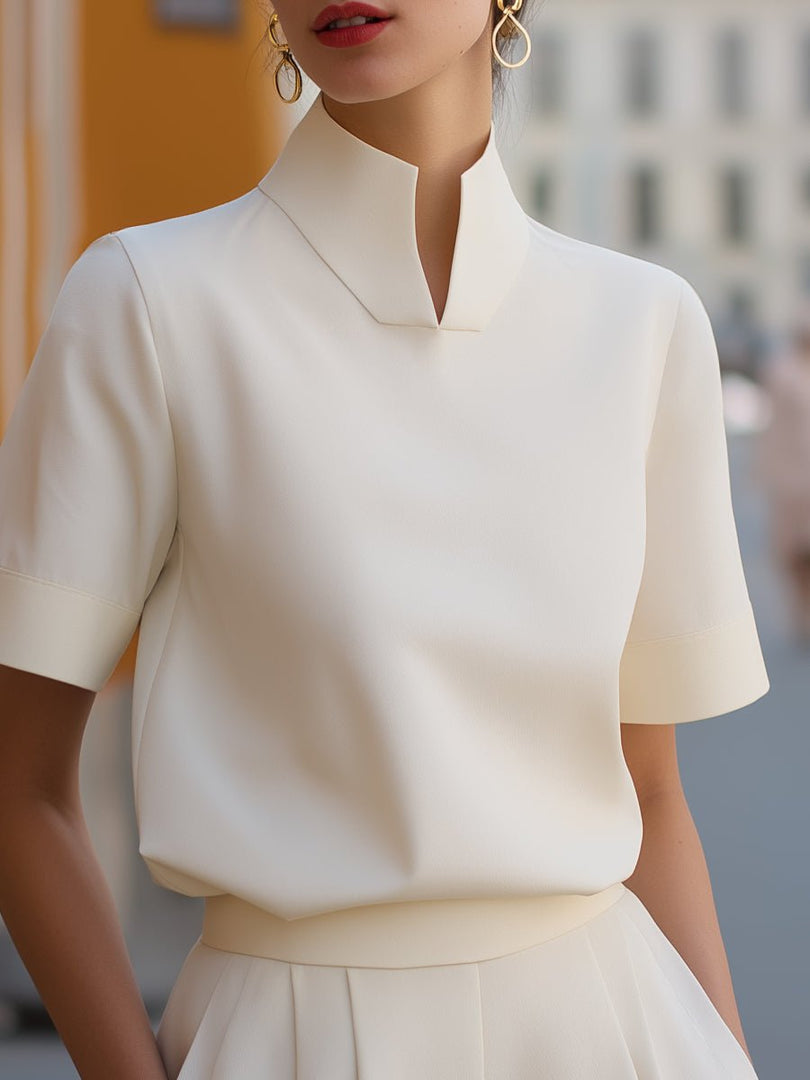 Women's Blouse Mandarin Collar Short Sleeve Relaxed Formal Style