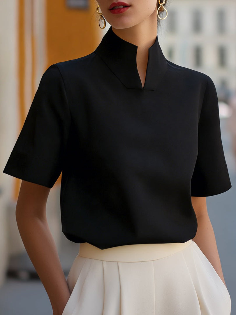Women's Blouse Mandarin Collar Short Sleeve Relaxed Formal Style