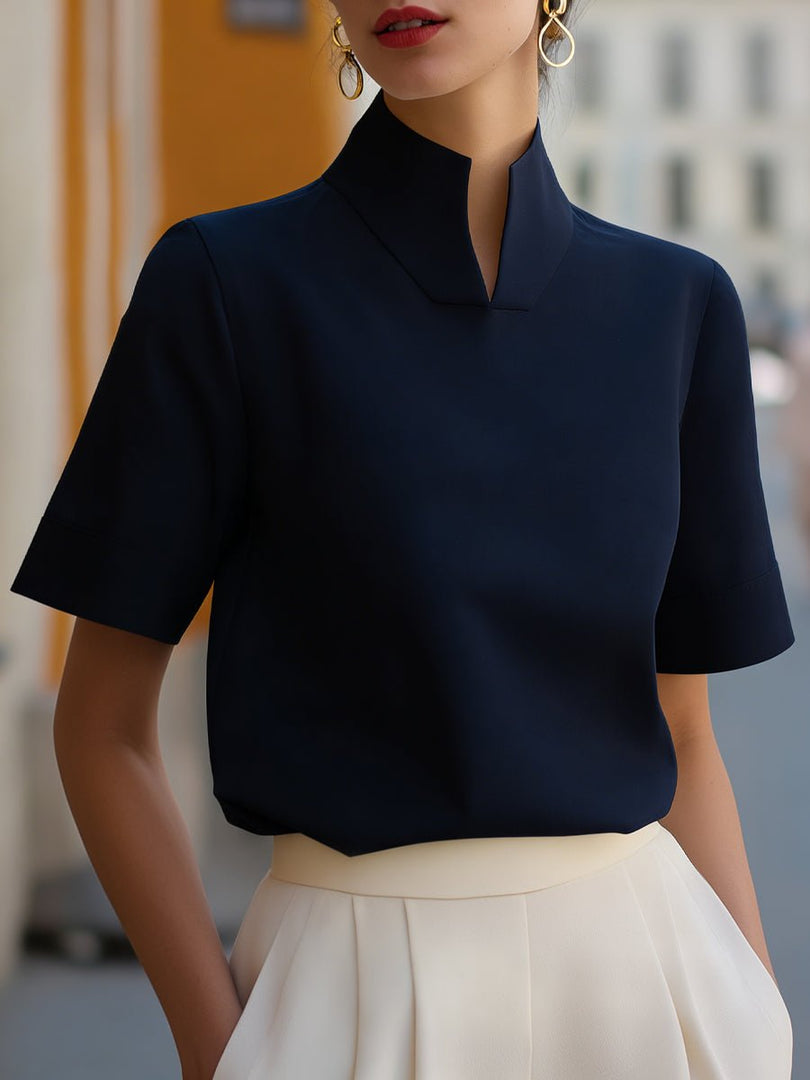 Women's Blouse Mandarin Collar Short Sleeve Relaxed Formal Style