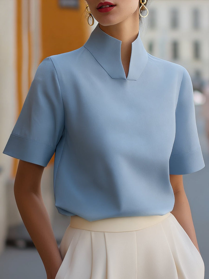 Women's Blouse Mandarin Collar Short Sleeve Relaxed Formal Style