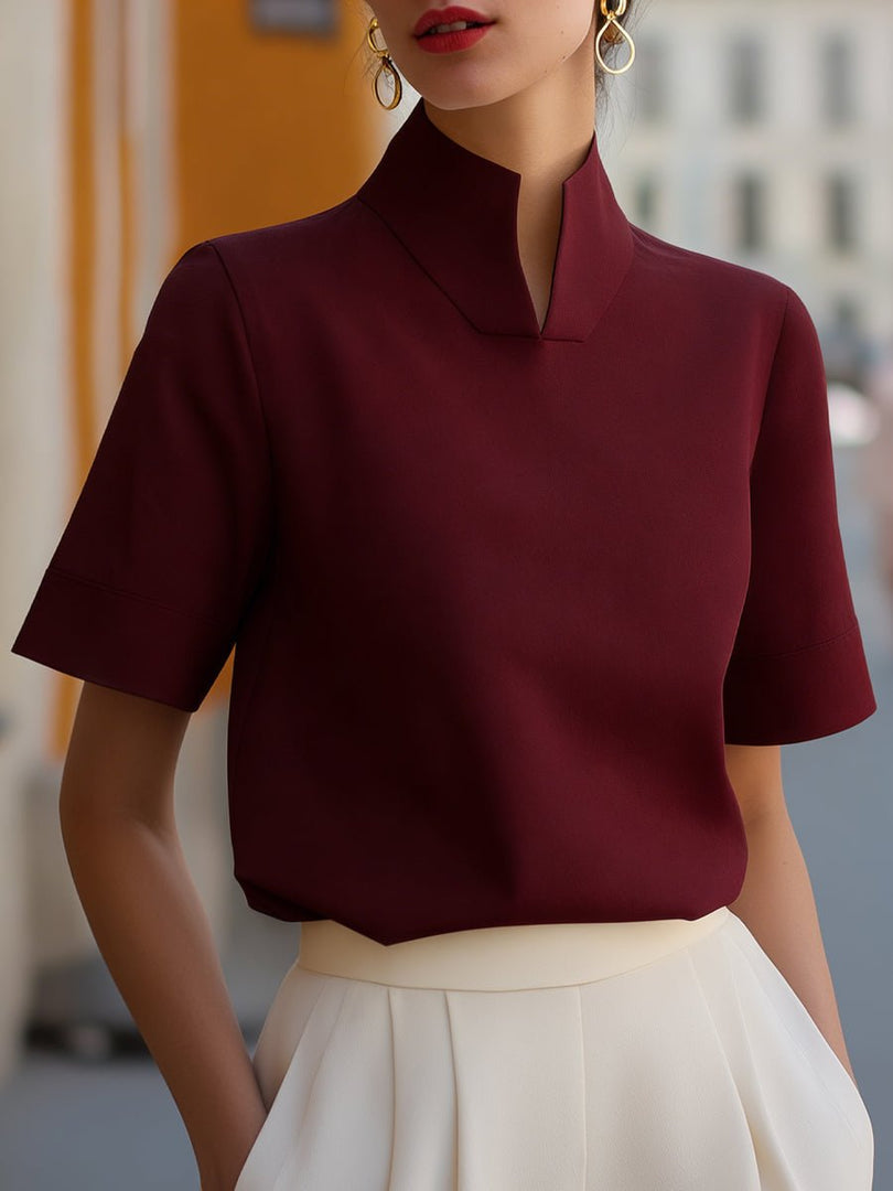 Women's Blouse Mandarin Collar Short Sleeve Relaxed Formal Style