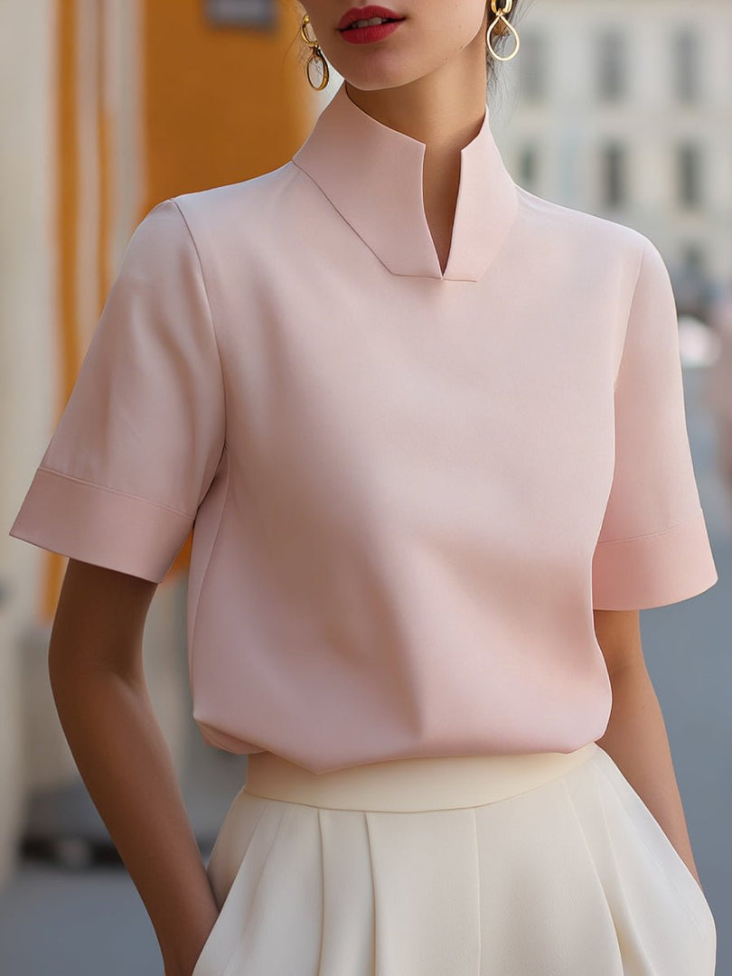 Women's Blouse Mandarin Collar Short Sleeve Relaxed Formal Style