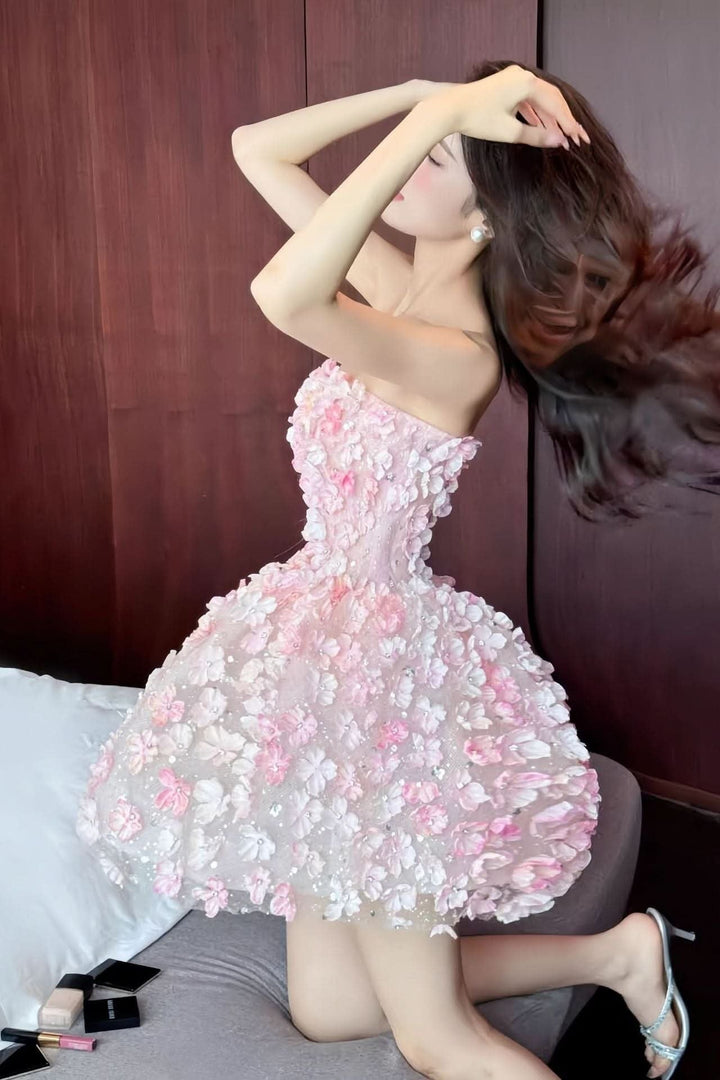 Women's Floral Mini Dress Strapless Structured Bodice Cocktail Party Style