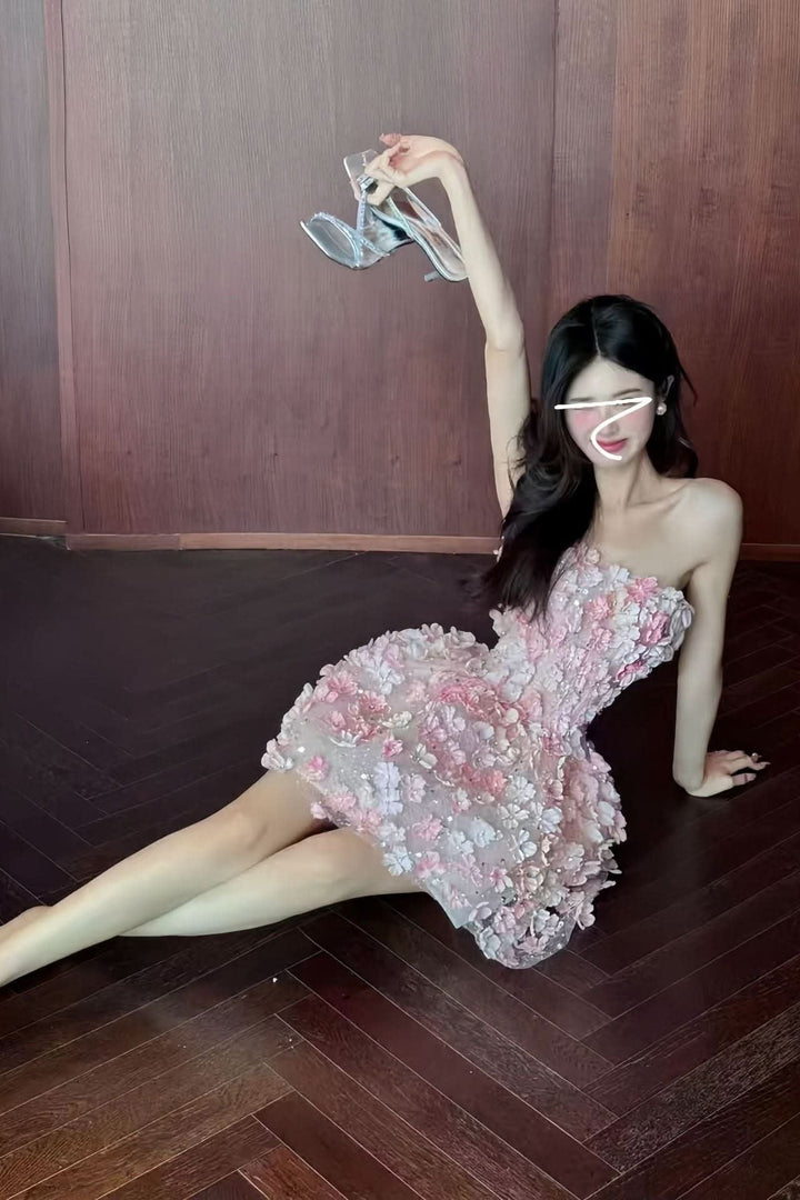 Women's Floral Mini Dress Strapless Structured Bodice Cocktail Party Style