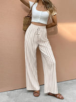 Load image into Gallery viewer, Women's Linen Wide Leg Pants High Waist Drawstring Pinstripe Style
