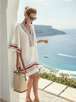 Load image into Gallery viewer, Women's White Sundress V-Neckline Stripe Trim Kaftan Tunic Style
