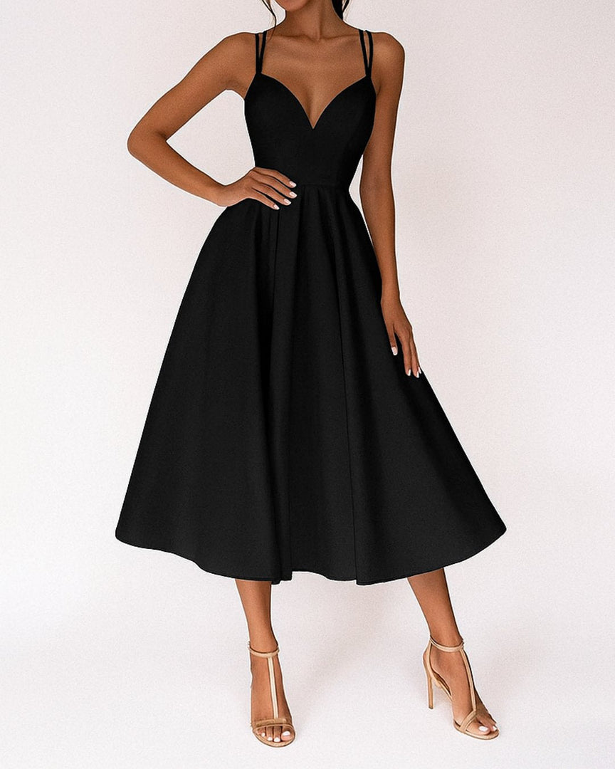 Women's Midi Dress V Neck Spaghetti Strap Flowing a Line Style
