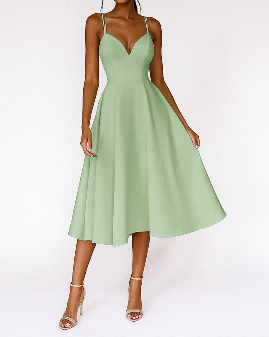 Women's Midi Dress V Neck Spaghetti Strap Flowing a Line Style