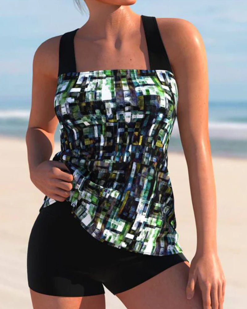 Women's Tankini Set Printed Square Neck Shorts Two Piece Swimwear Style