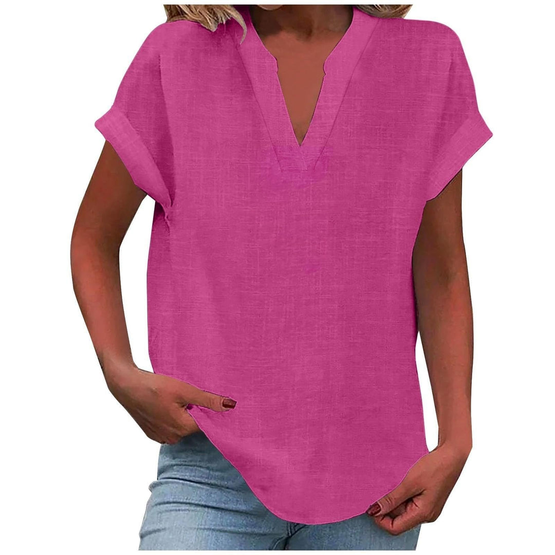 Women's V-Neck Blouse Relaxed Fit Short Sleeve Linen Style