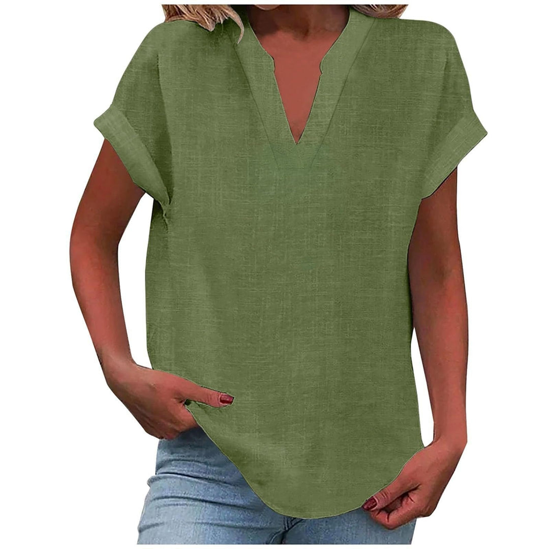 Women's V-Neck Blouse Relaxed Fit Short Sleeve Linen Style