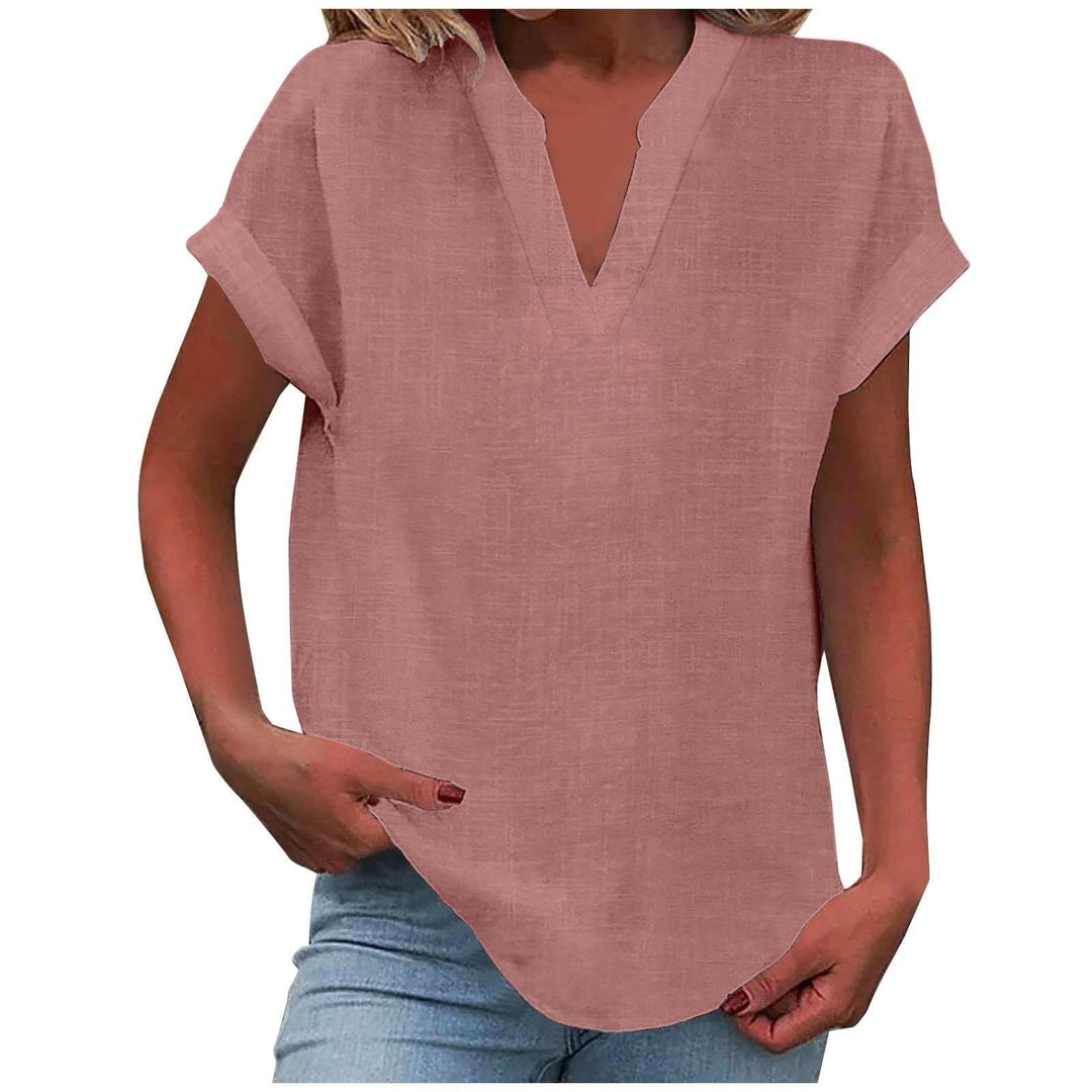 Women's V-Neck Blouse Relaxed Fit Short Sleeve Linen Style