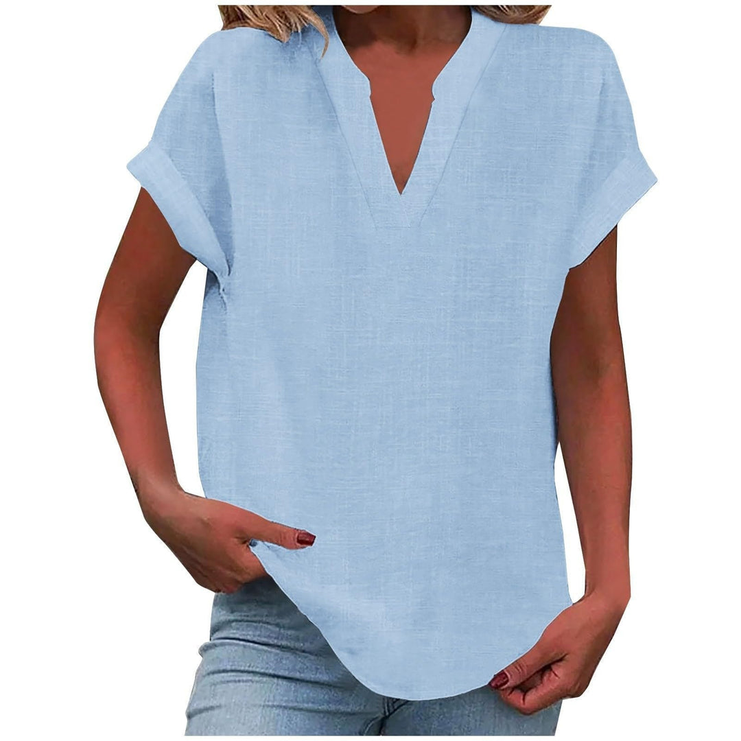 Women's V-Neck Blouse Relaxed Fit Short Sleeve Linen Style