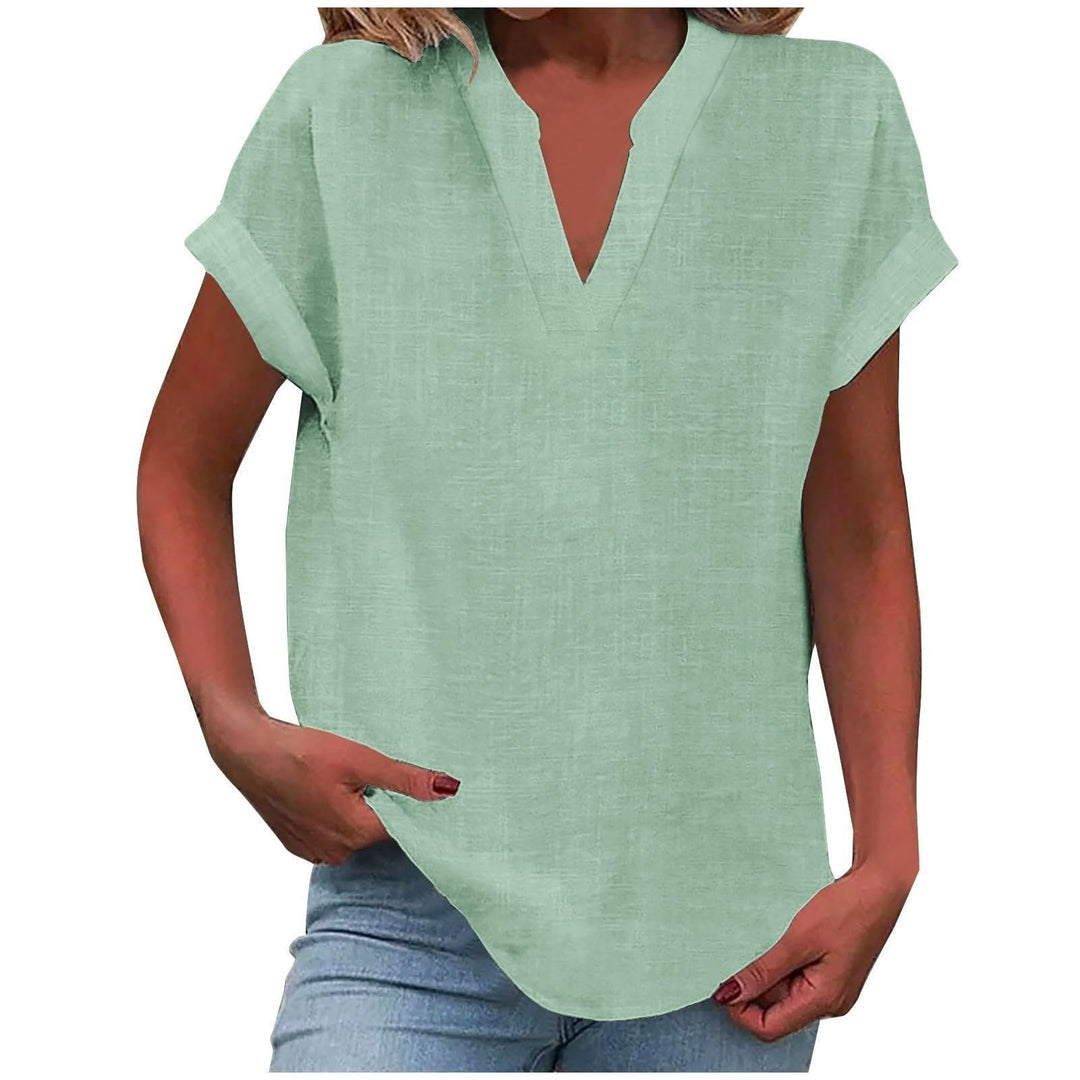 Women's V-Neck Blouse Relaxed Fit Short Sleeve Linen Style