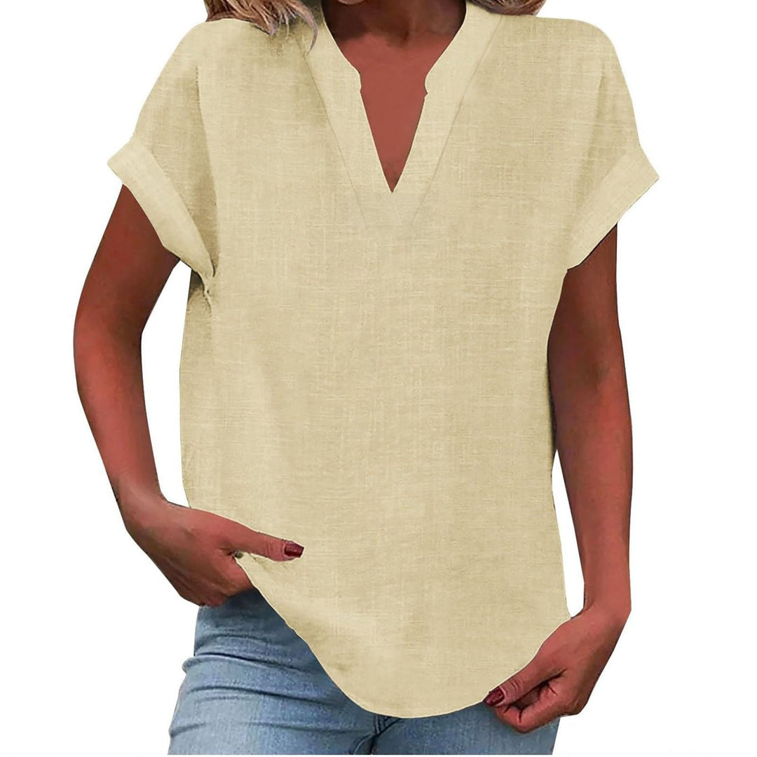 Women's V Neck Blouses Short Sleeve Relaxed Soft Linen Casual Style