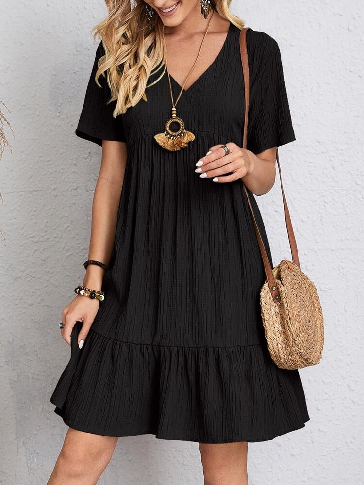 Women's Tiered Mini Dress V Neck Short Sleeve Relaxed Casual Style