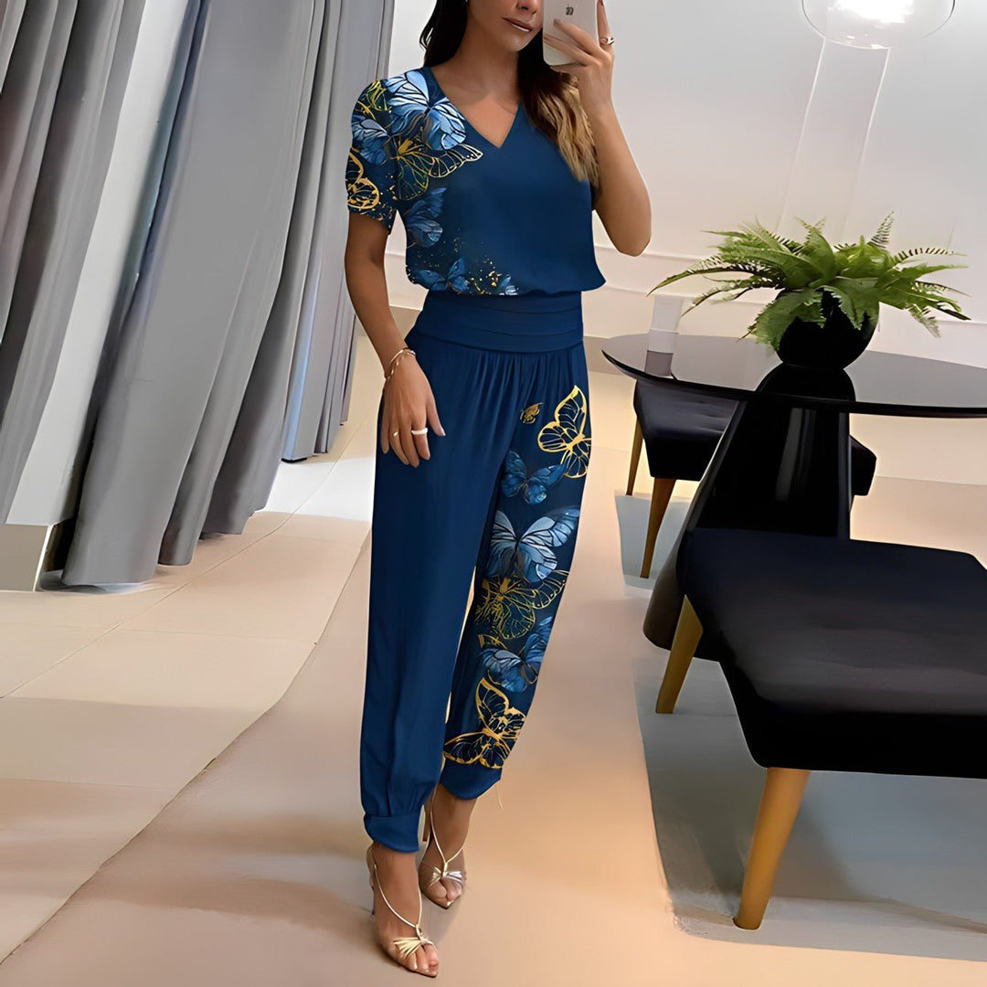 Women's Wide Leg Set V Neck Short Sleeve Printed Maxi Skirt Two Piece Style