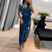 Women's Wide Leg Set V Neck Short Sleeve Printed Maxi Skirt Two Piece Style