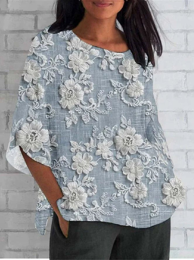 Women's Floral Blouses Round Neck Elbow Sleeve Lace Relaxed Textured Style