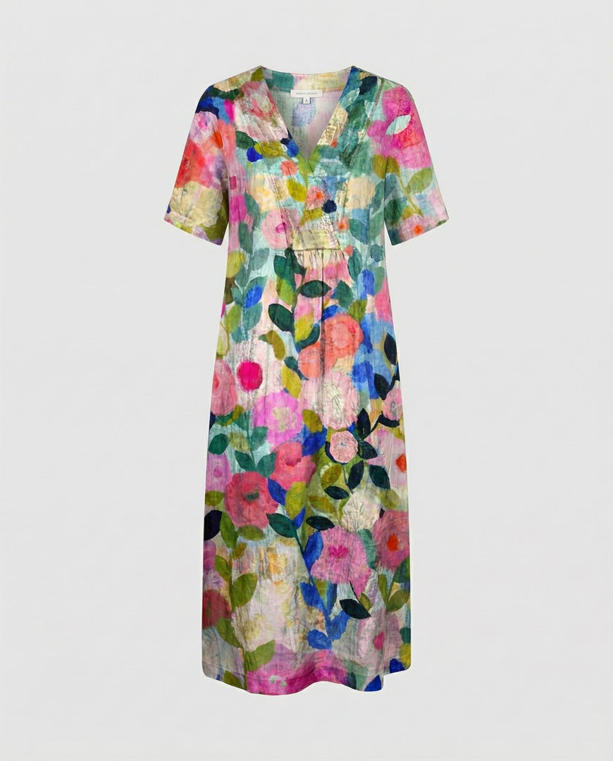 Women's Floral Midi Dress V Neck Short Sleeve Relaxed Casual Style