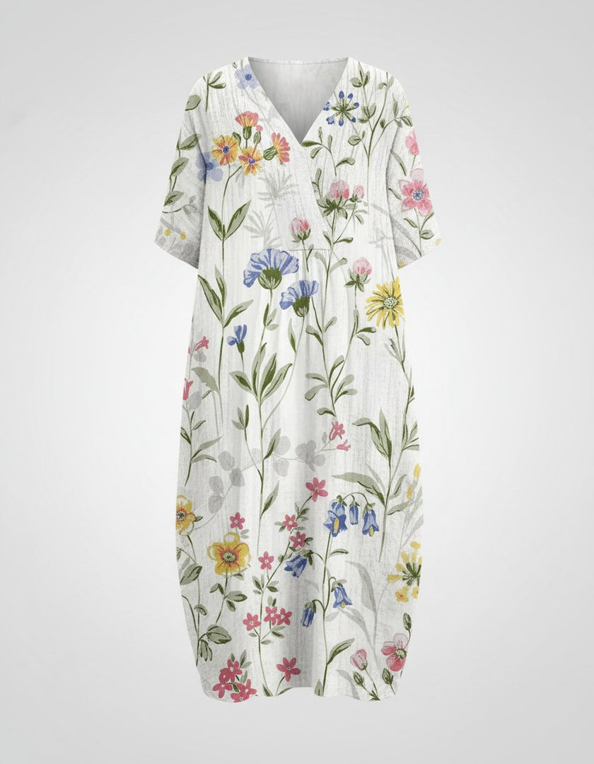 Women's Floral Midi Dress V Neck Short Sleeve Relaxed Casual Style