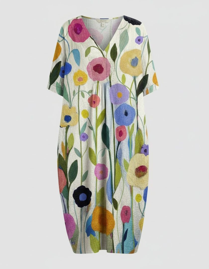 Women's Floral Midi Dress V Neck Short Sleeve Relaxed Casual Style