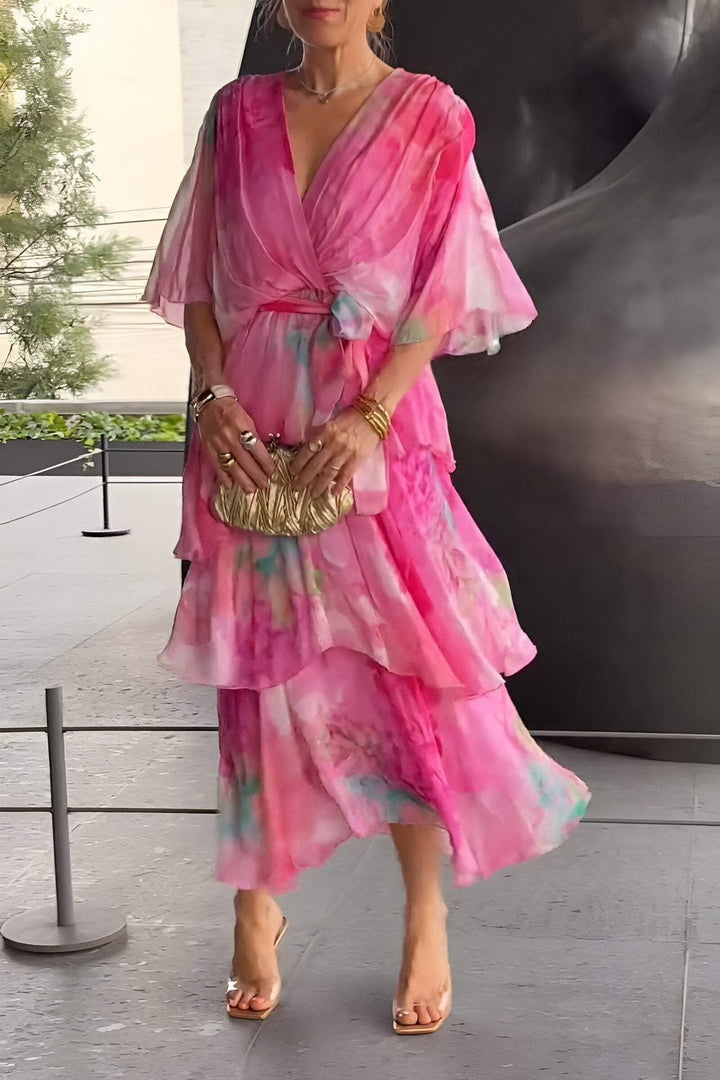 Women's Tie Dye Maxi Dress V Neck Bell Sleeve Tiered Ruffle Flowing Bohemian Style
