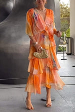 Load image into Gallery viewer, Women's Tie Dye Maxi Dress V Neck Bell Sleeve Tiered Ruffle Flowing Bohemian Style
