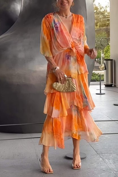 Women's Tie Dye Maxi Dress V Neck Bell Sleeve Tiered Ruffle Flowing Bohemian Style
