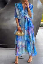 Load image into Gallery viewer, Women's Tie Dye Maxi Dress V Neck Bell Sleeve Tiered Ruffle Flowing Bohemian Style
