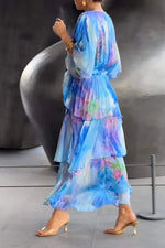 Load image into Gallery viewer, Women's Tie Dye Maxi Dress V Neck Bell Sleeve Tiered Ruffle Flowing Bohemian Style
