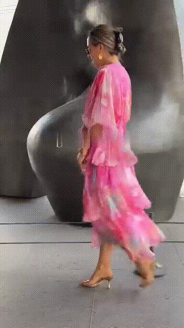 Women's Tie Dye Maxi Dress V Neck Bell Sleeve Tiered Ruffle Flowing Bohemian Style