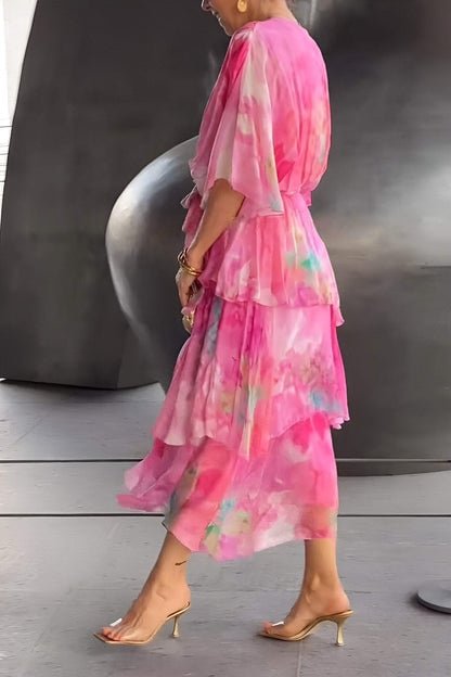 Women's Tie Dye Maxi Dress V Neck Bell Sleeve Tiered Ruffle Flowing Bohemian Style