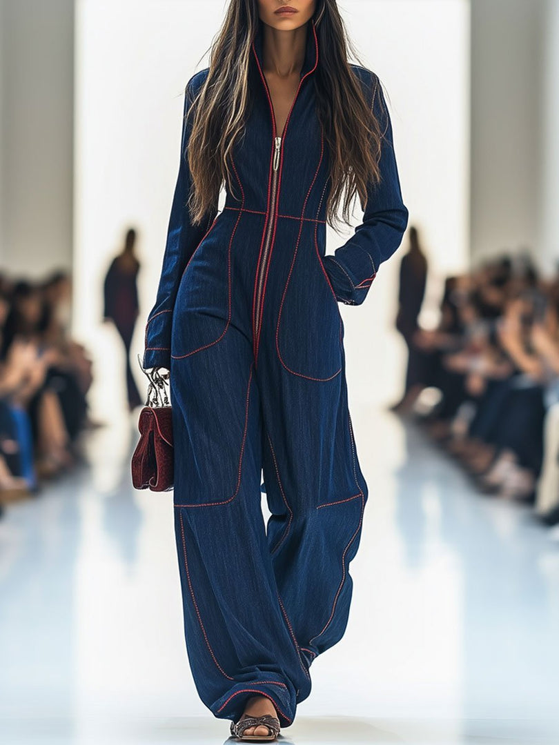 Women's Dark Blue Wide Leg Jumpsuit Long Sleeve Zip Front