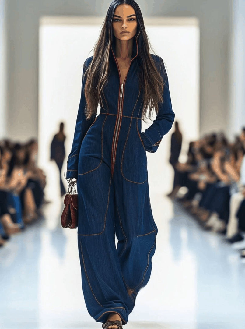 Women's Dark Blue Wide Leg Jumpsuit Long Sleeve Zip Front