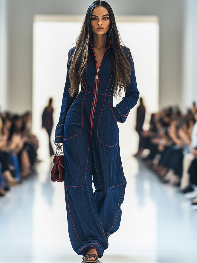 Women's Dark Blue Wide Leg Jumpsuit Long Sleeve Zip Front
