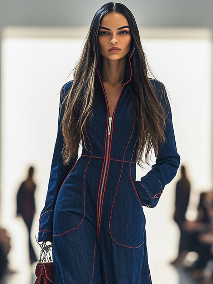 Women's Dark Blue Wide Leg Jumpsuit Long Sleeve Zip Front