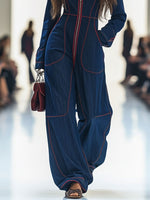 Load image into Gallery viewer, Women's Dark Blue Wide Leg Jumpsuit Long Sleeve Zip Front
