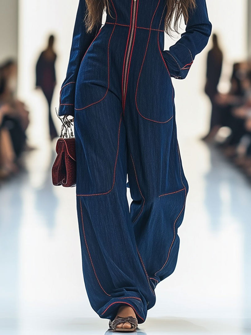 Women's Dark Blue Wide Leg Jumpsuit Long Sleeve Zip Front