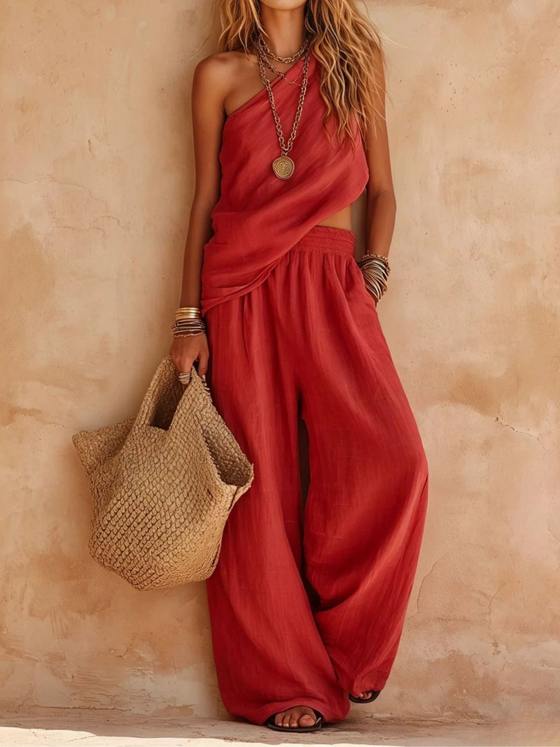 Women's One Shoulder Jumpsuit Draped Wide Leg Cutout Waist