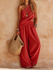 Women's One Shoulder Jumpsuit Draped Wide Leg Cutout Waist