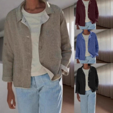 Women's Linen Blouses Collar Button Front Long Sleeve Loose Fit Casual Jacket Style