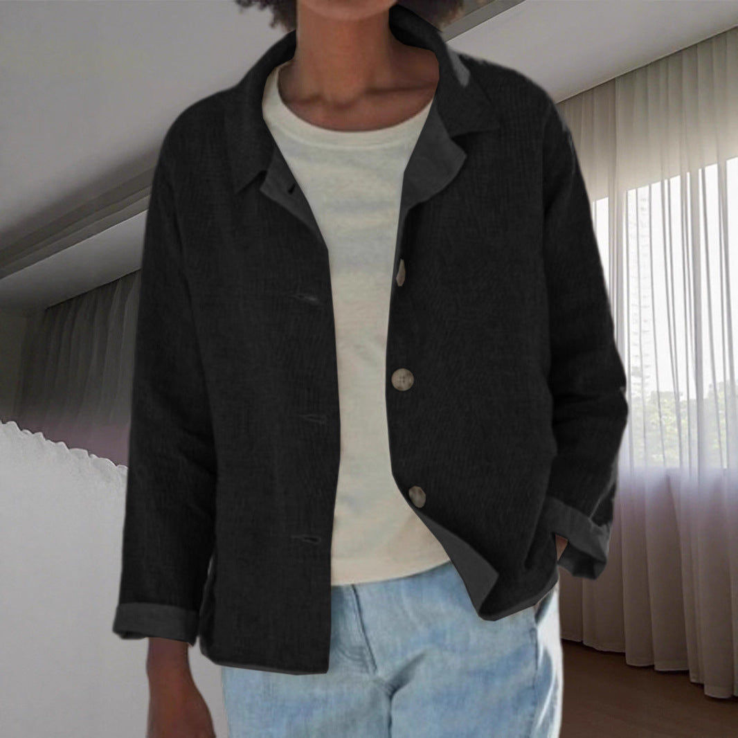 Women's Linen Blouses Collar Button Front Long Sleeve Loose Fit Casual Jacket Style