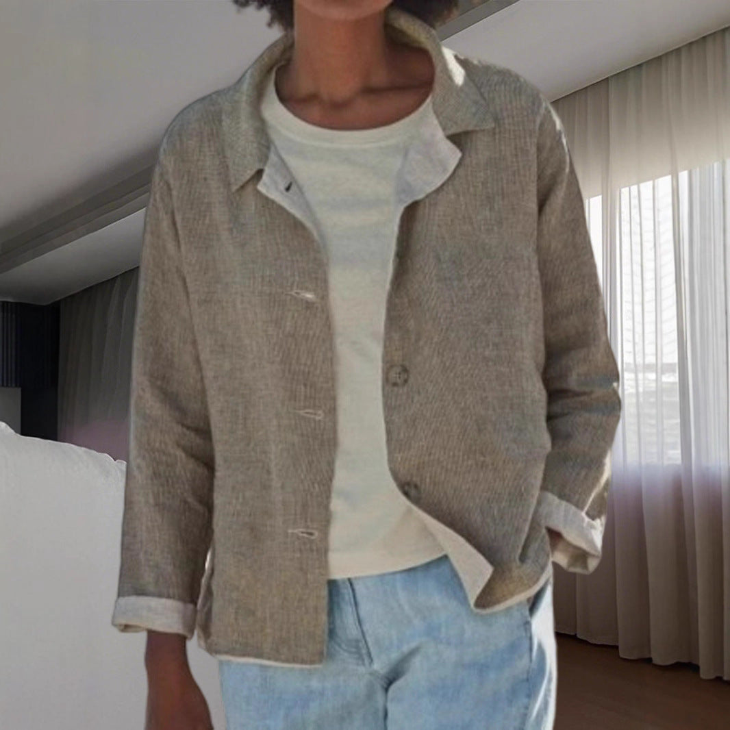 Women's Linen Blouses Collar Button Front Long Sleeve Loose Fit Casual Jacket Style