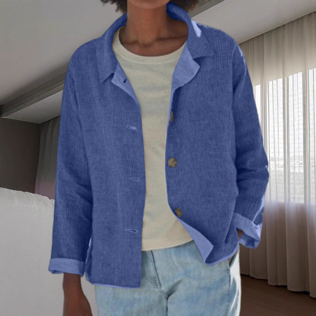 Women's Linen Blouses Collar Button Front Long Sleeve Loose Fit Casual Jacket Style